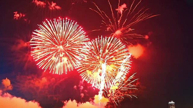 Fireworks to reveal text Happy New Year for celebration, fireworks sparkles at night