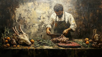 Fototapeta premium A Butcher's Table: A Dramatic Culinary Still Life