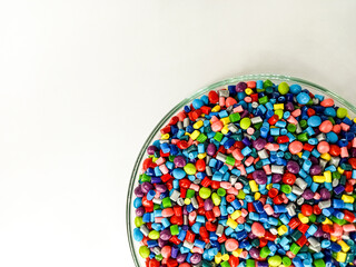 colorful masterbatch plastic granules, masterbatch plastic pigment granules in laboratory pantry...