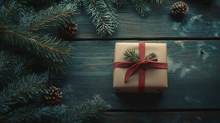 Gift wrapped in festive paper with pine branches and cones on a rustic wooden table