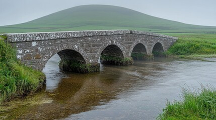 Fototapeta premium Stone arch bridge over calm river, misty hill background.