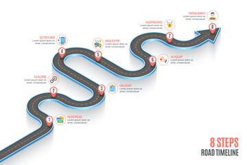 Isometric navigation map infographic 8 steps timeline concept.