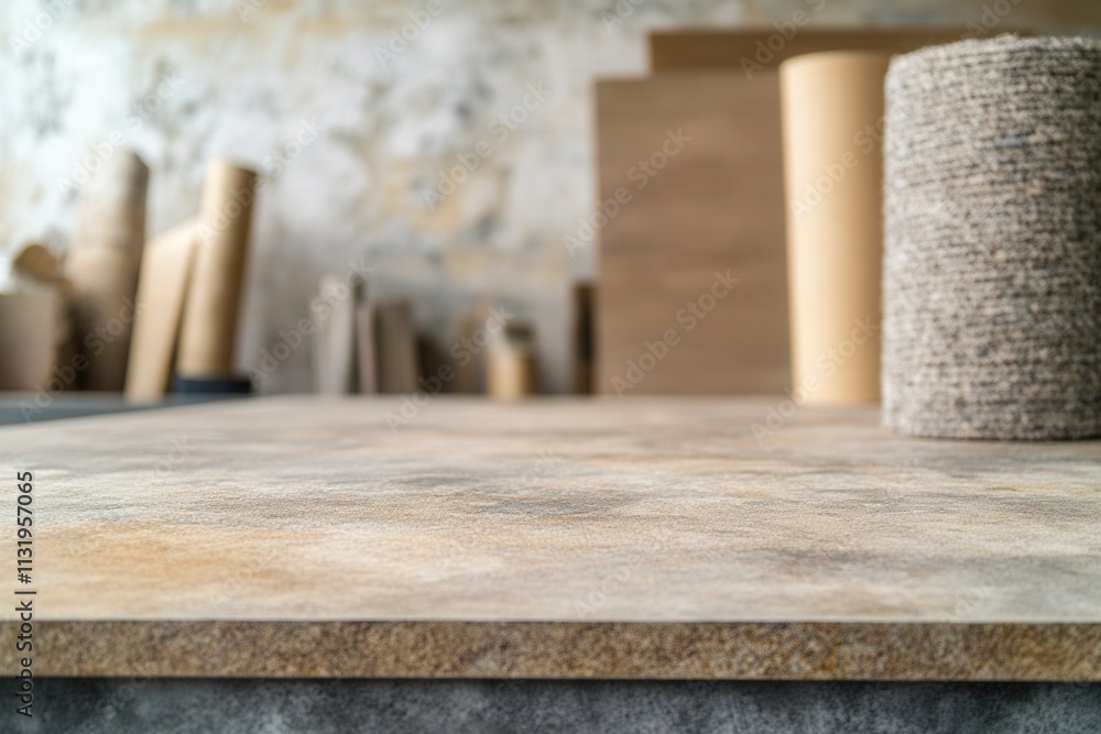 Aufkleber surface with various materials and textures in background.