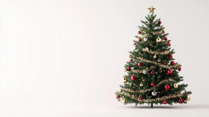 Fototapeta premium A hyper-detailed 3D Christmas tree with shimmering tinsel and ornaments, isolated on a smooth white surface