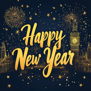 A festive New Year greeting card featuring iconic London landmarks example big ban and tower bridge, perfect for celebrating the start of a new year with a British touch