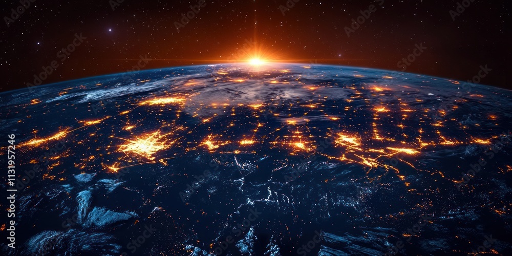 Poster global connectivity and network on earth in cyberpunk style high speed digital data transfer and tel