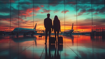 Fototapeta premium Couple in love at airport during sunset travel moments
