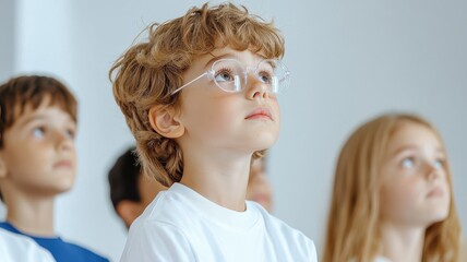A thoughtful group of children gazes upwards, showcasing curiosity and engagement in a classroom or educational environment.
