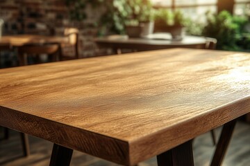 Fototapeta premium Wooden table in a cozy indoor setting with plants.
