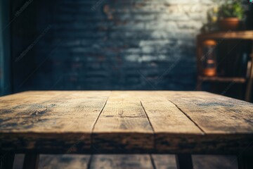 Wooden table in a cozy, softly lit interior setting.