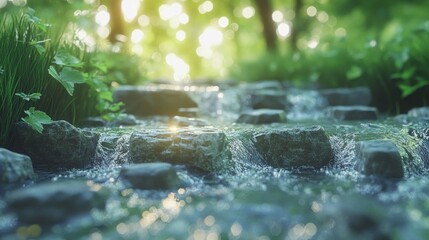 Fototapeta premium Sunlit stream flows over mossy stones.