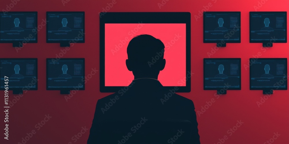 Poster a dark silhouette of a person facing a central screen, surrounded by multiple monitors displaying di