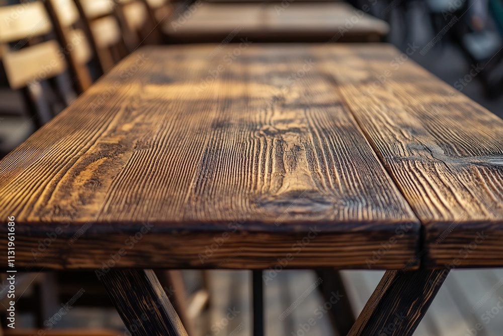 Poster wooden table with a rustic finish in a caf? setting.