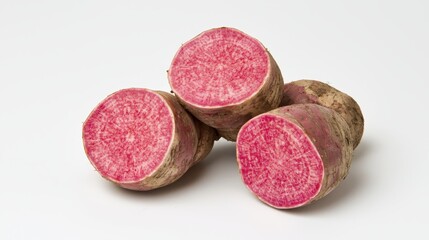 Naklejka premium Fresh Sliced Watermelon Radish with Vibrant Pink Interior Display
