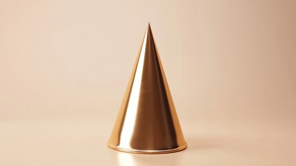 Fototapeta premium A minimalistic 3D rendering of a single metallic gold cone-shaped party hat on a polished neutral background realistic 