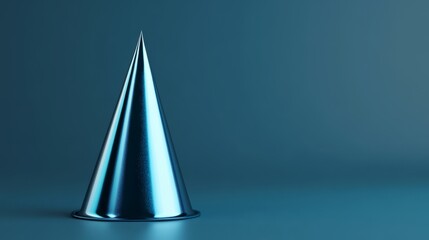 Fototapeta premium A minimalistic 3D rendering of a single metallic blue party hat with simple designs on a polished smooth background realistic