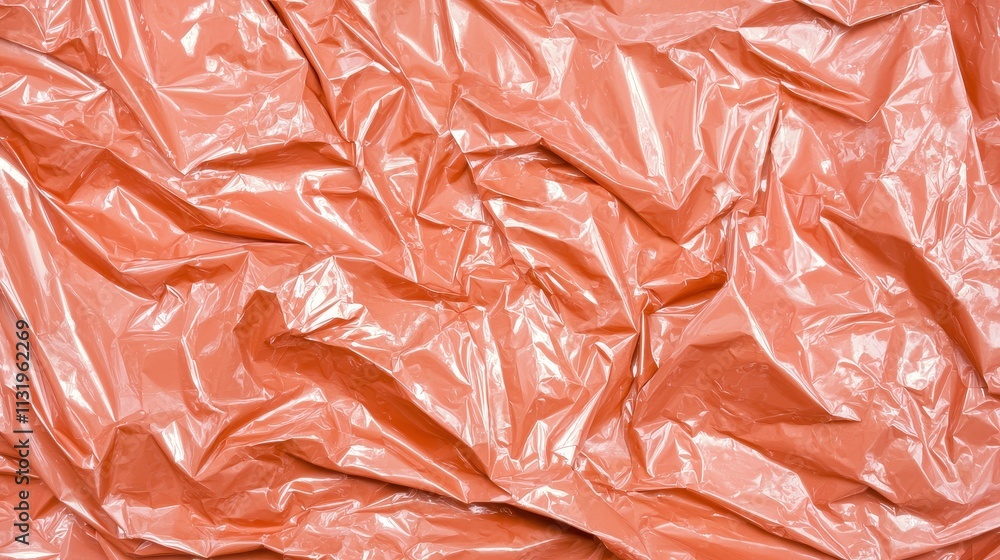 Poster crumpled and shiny plastic texture in soft peach color background