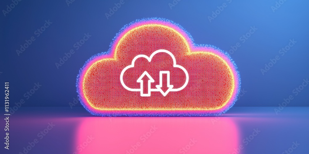 Poster a vibrant cloud icon with arrows, symbolizing data upload and download, set against a colorful backg