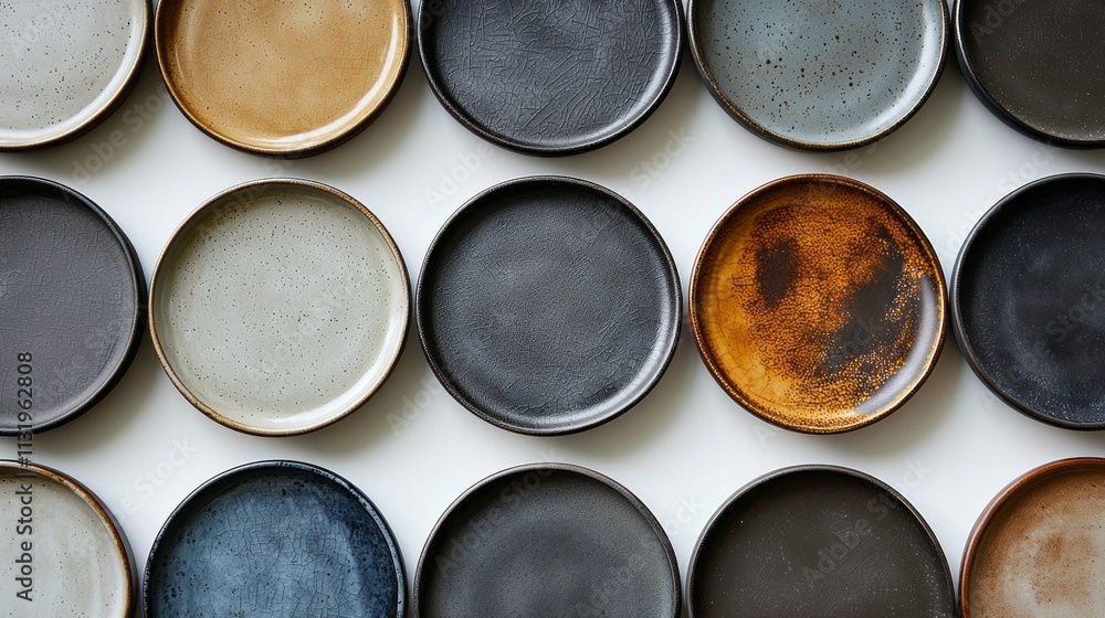 Poster An artistic display of uniquely crafted plates lies in a neat grid, presenting a minimalist color palette dominated by dark grays and soft browns