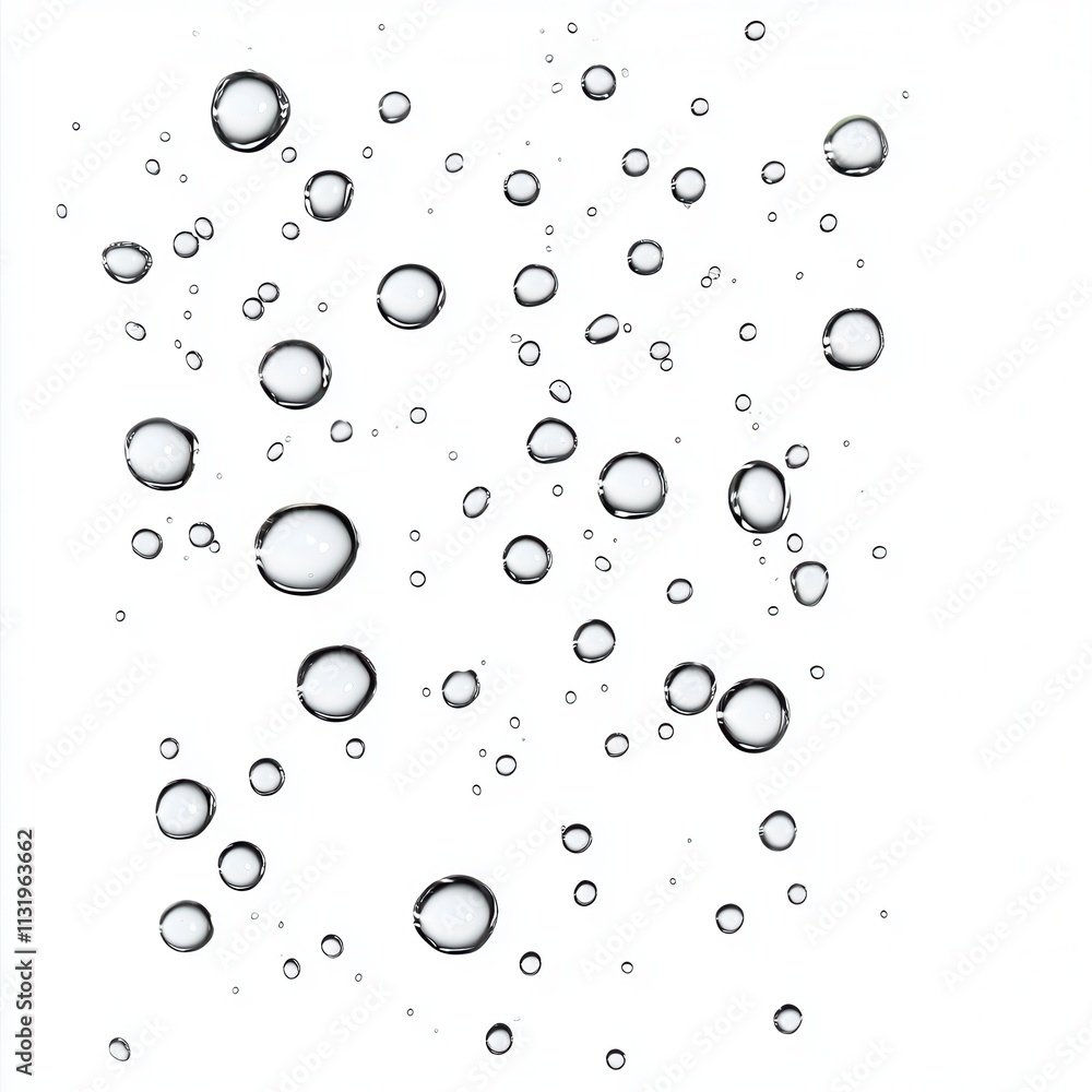 Poster water droplets floating on a white background with soft illumination