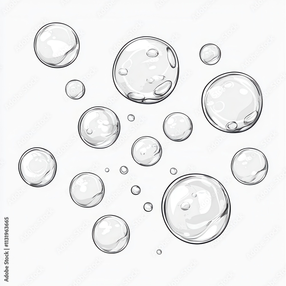 Poster transparent soap bubbles floating on light background with reflections