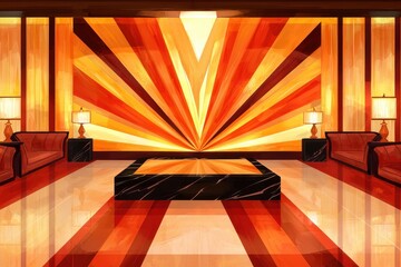 Vibrant art deco interior design modern lounge illustration contemporary space wide angle aesthetic appeal