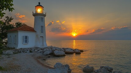 Fototapeta premium Sunset illuminating lighthouse on rocky coast.