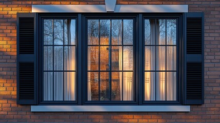 Obraz premium Sunset illuminating modern window with black shutters on brick wall.
