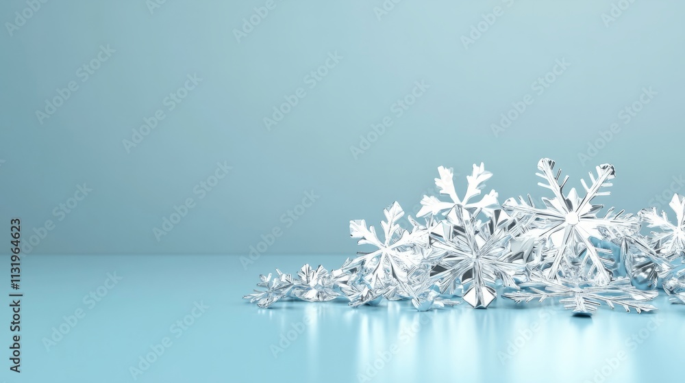 Poster a minimalistic 3d rendering of snowflake ornaments in silver and blue on a smooth surface with blank