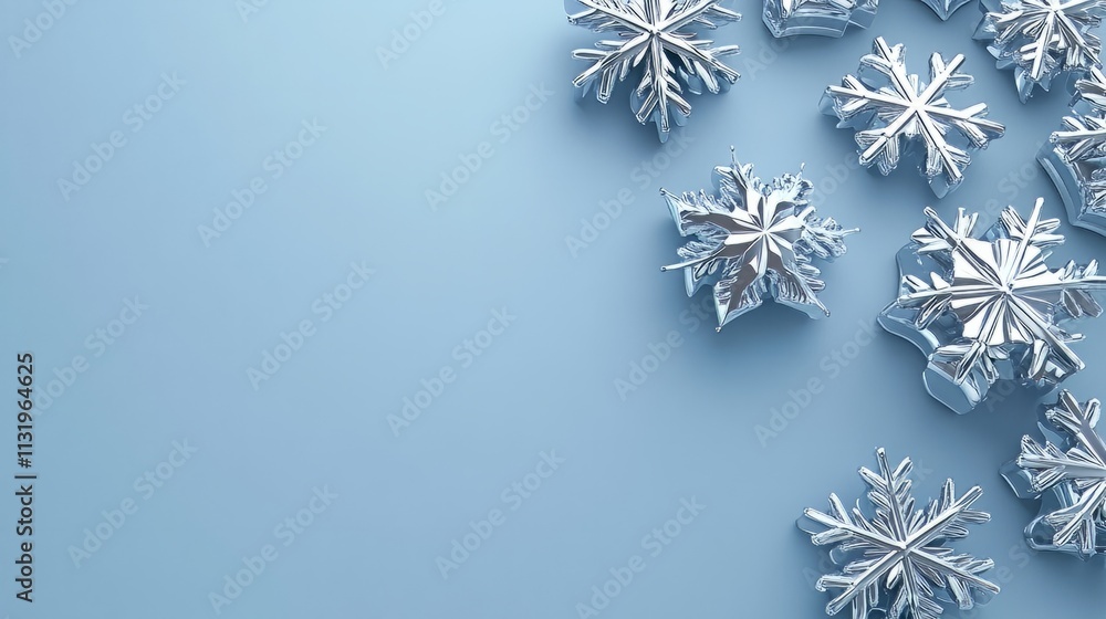 Poster a minimalistic 3d rendering of snowflake ornaments in silver and blue on a smooth surface with blank