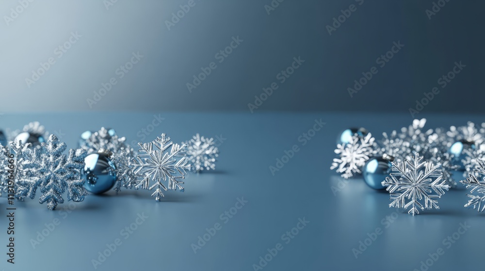Poster a minimalistic 3d rendering of snowflake ornaments in silver and blue on a smooth surface with blank