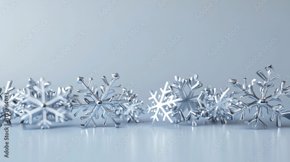 Poster a minimalistic 3d rendering of snowflake ornaments in silver and blue on a smooth surface with blank