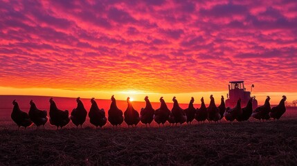 Silhouetted chickens at sunrise with a tractor in the background.