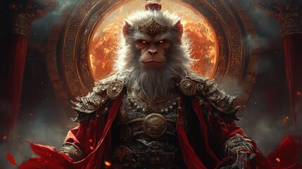 Fototapeta premium The Monkey King in full armor, standing in front of a magical portal, with an air of mystery and power around him
