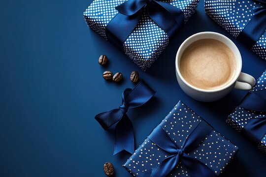 Father's Day Celebration Scene with Gifts Coffee Tie and Blue Background