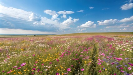 Fototapeta premium Colorful wildflowers blooming in a vast meadow under a summer cloudy sky create a picturesque landscape, showcasing the beauty of nature with vibrant hues and peaceful atmosphere