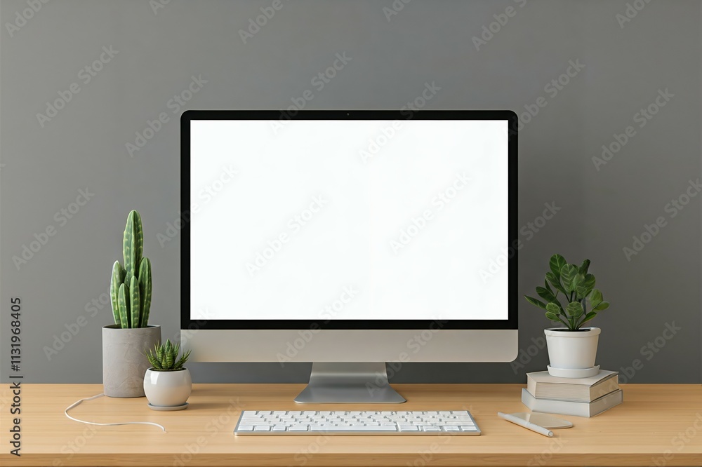 Poster minimalist workspace with blank computer screen and plants on desk.