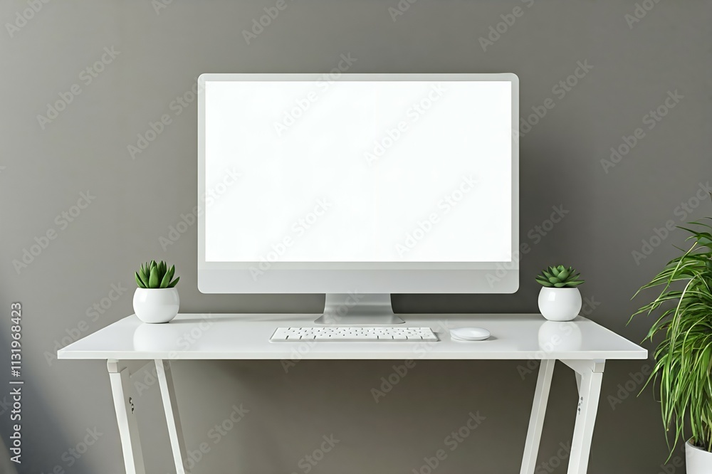 Poster minimalist workspace with blank computer screen and plants on desk.