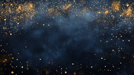 A navy festive backdrop with a mix of tiny and large snowflakes, complemented by golden sequins, and a blank middle area realistic 