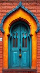 Fototapeta premium Teal arched door in orange frame on brick wall.