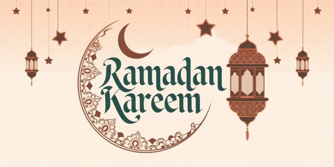 Celebration of Ramadan Kareem with Crescent Moon and Lanterns