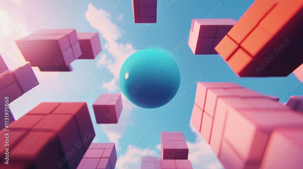 Poster dynamic sphere movement among cubes in a virtual space digital art 3d environment aerial view abstra