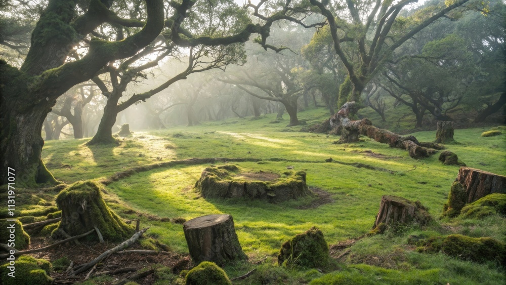 Poster sunbeams are filtering through a mysterious forest canopy, illuminating mossy tree stumps and creati