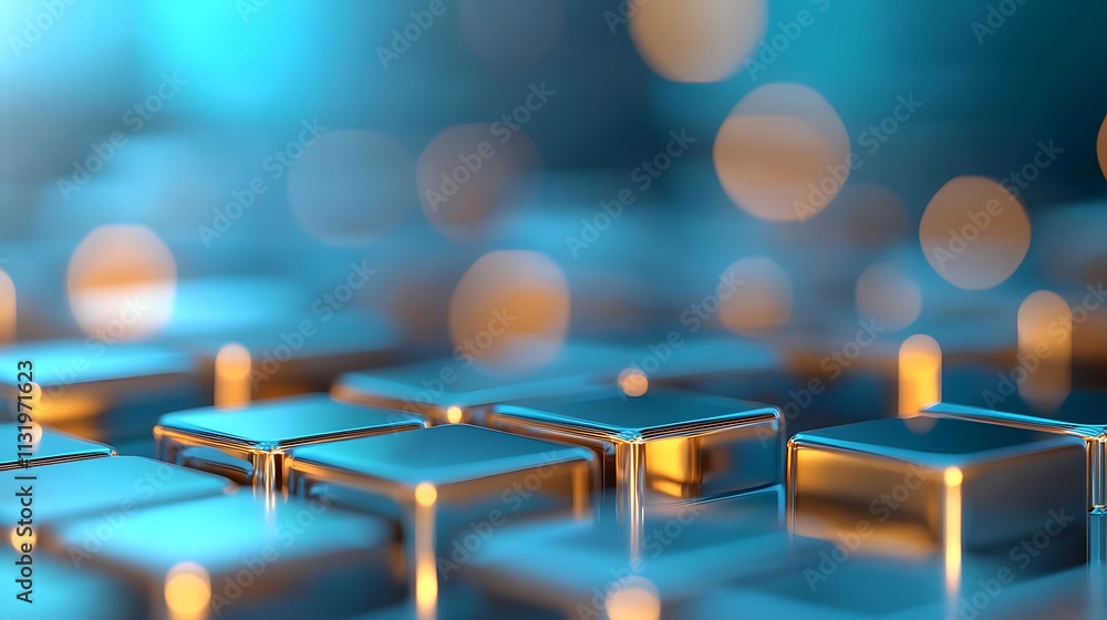 Poster abstract technology scene dynamic close-up of metallic cubes from an artistic viewpoint