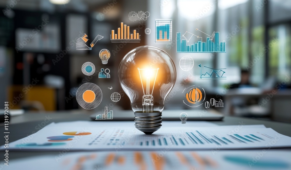 Aufkleber illuminated lightbulb on documents with financial charts, symbolizing innovative business ideas.
