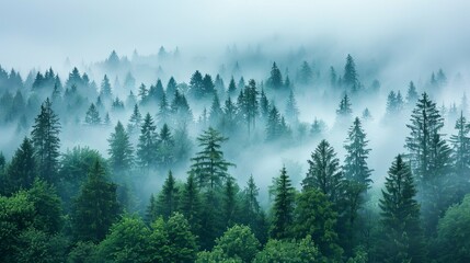 Misty Mountain Forest: A Serene Canopy of Evergreens Shrouded in Fog