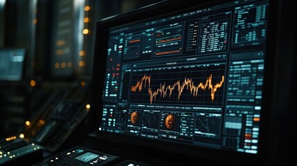 Close-up of a computer monitor displaying financial data graphs and charts in a dark room.