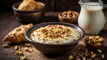 "Umm Ali Delight: Flaky Pastry, Creamy Custard, and Nutty Coconut Topping"