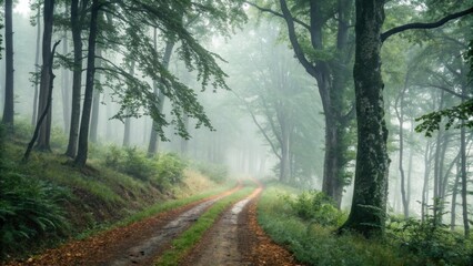 Fototapeta premium Winding through a lush green forest, a mysterious foggy path creates a tranquil and evocative atmosphere, inviting exploration amidst the serene beauty of nature