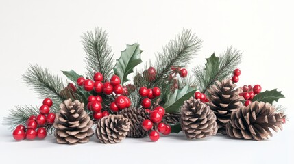 A realistic rendering of holly berries and pine cones for Christmas, perfectly isolated on a white surface
